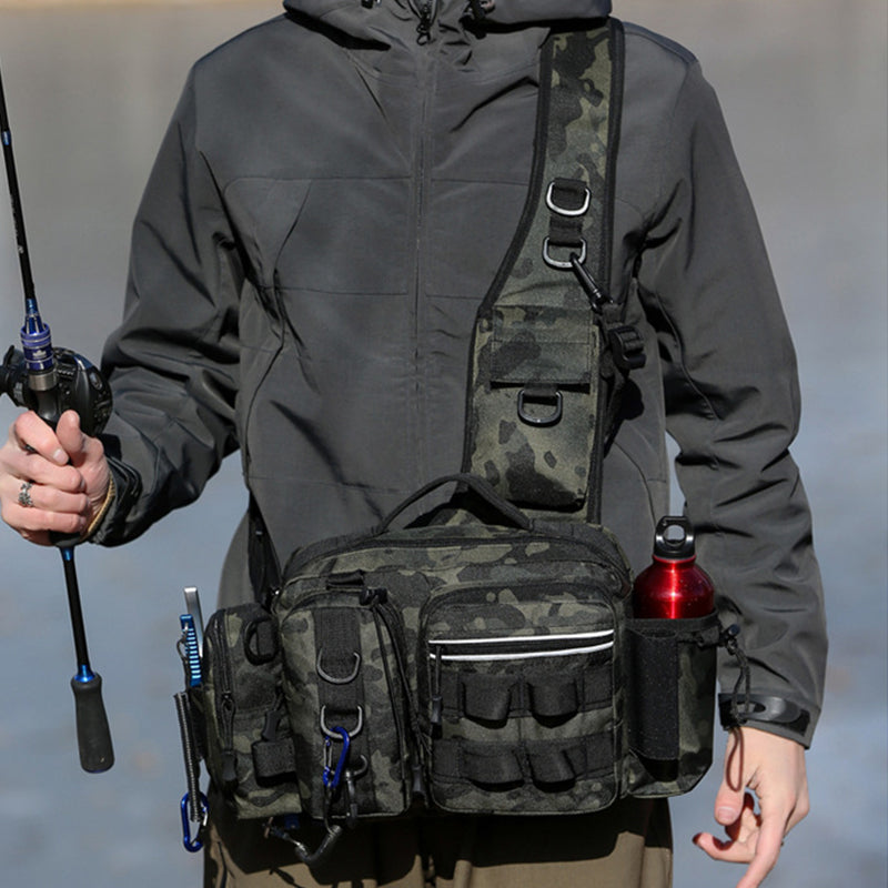 Men's Fishing Backpack: Equipped with bait box, equipment storage bag, pole holder, sling & shoulder bag design.