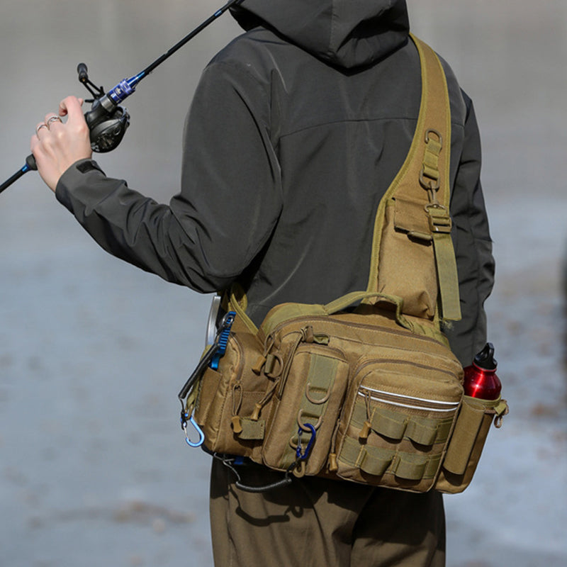 Men's Fishing Backpack: Equipped with bait box, equipment storage bag, pole holder, sling & shoulder bag design.